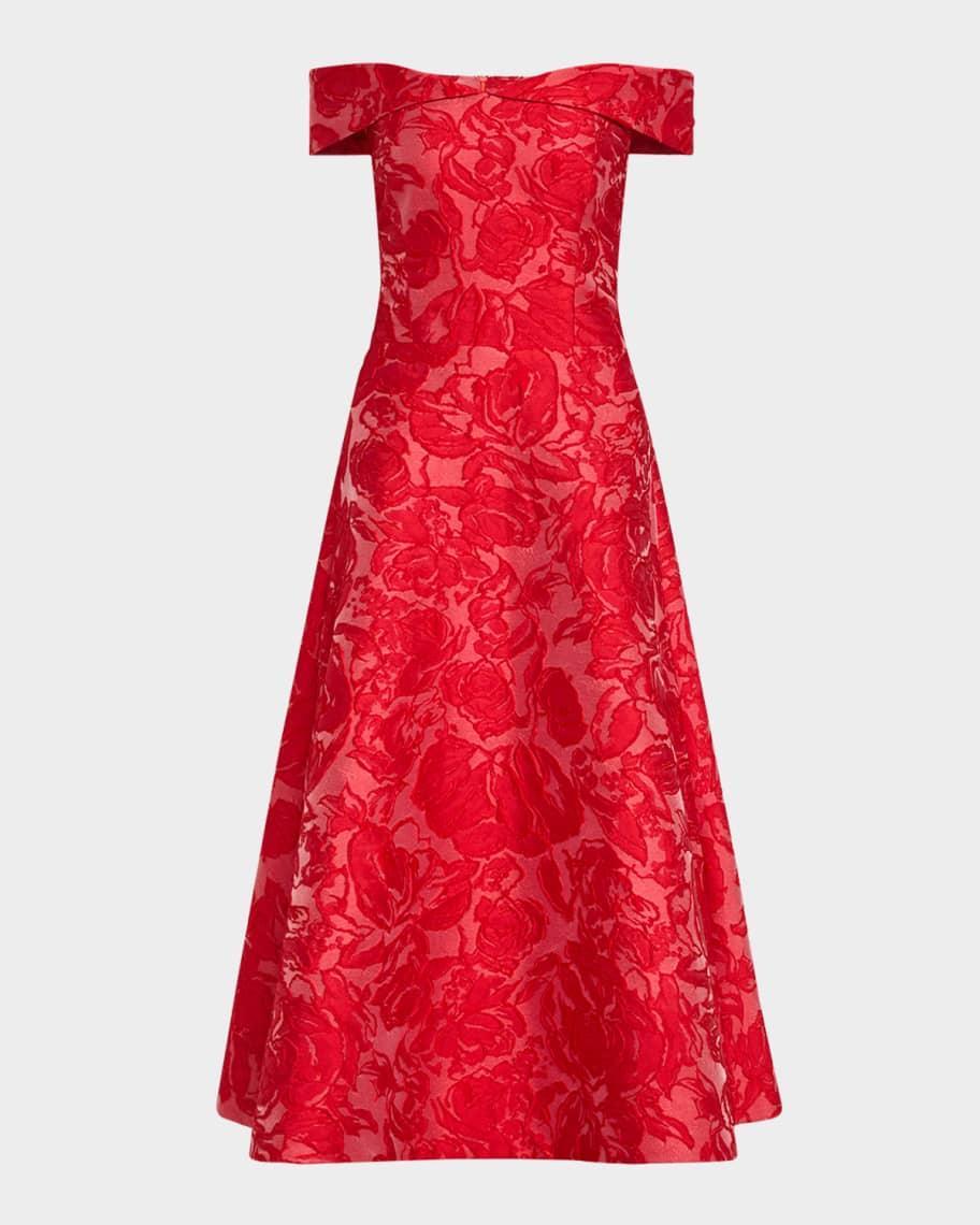 Off-Shoulder Floral Jacquard Midi Dress Product Image