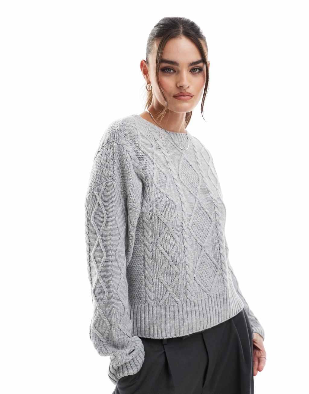 Stradivarius bow back cable knit sweater in gray Product Image