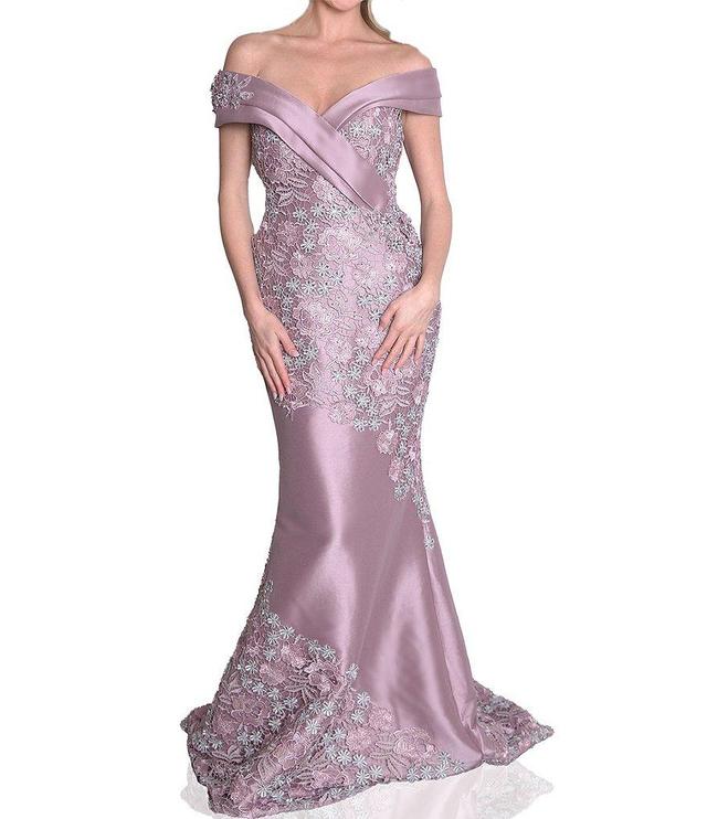 Terani Couture Mikado 3D Floral Embroidered Off-the-Shoulder Cap Sleeve Mermaid Gown Product Image