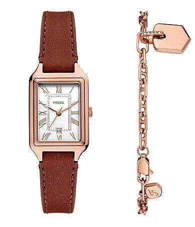 Fossil Womens Raquel Three-Hand Date Brown Leather Strap Watch and Bracelet Set Product Image