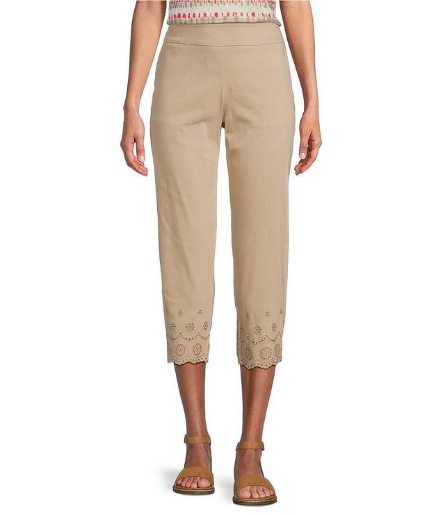 Allison Daley Petite Size Embroidered Hem Detail Pull-On Straight Capris Product Image