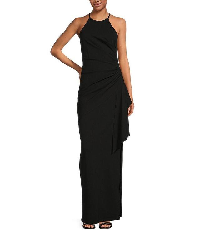 Belle by Badgley Mischka Cara Halter Neck Sleeveless Stretch Crepe Ruched Side Slit Sheath Gown Product Image