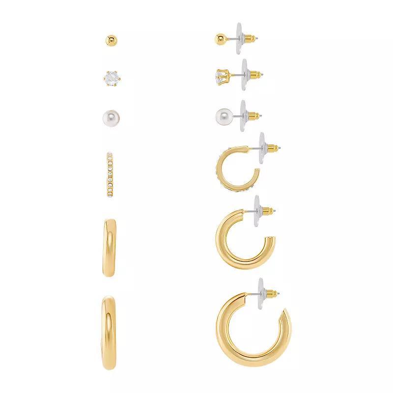 Emberly Gold Tone Cubic Zirconia & Simulated Pearl Stud & Hoop Earrings 6-pack Set, Womens, Yellow Gold Tone Product Image