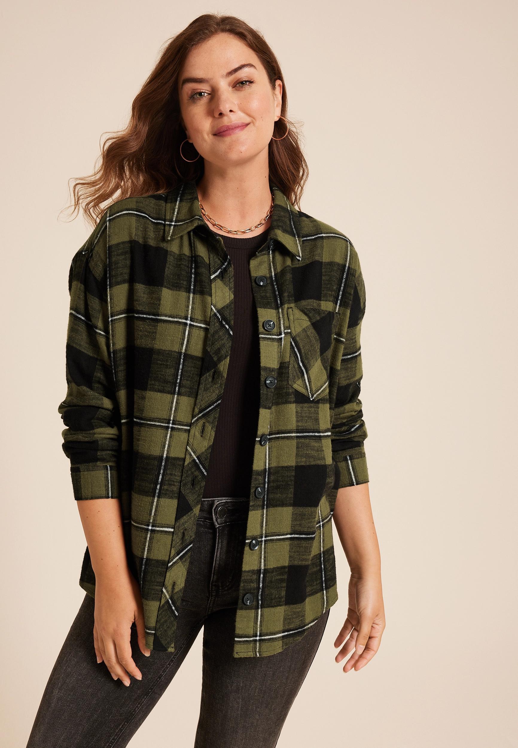 Plaid Stay Magical Graphic Back Oversized Button Down Shirt Product Image