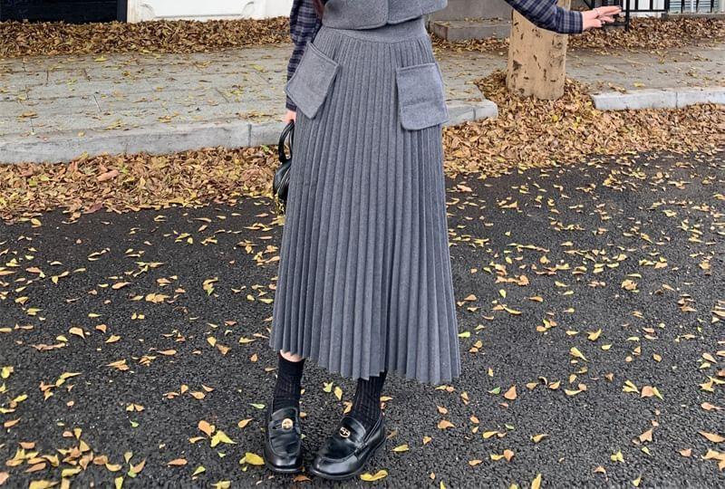 Long-Sleeve Plaid Shirt / Square Neck Melange Crop Button Vest / High Waist Accordion Pleated Midi A-Line Skirt Product Image