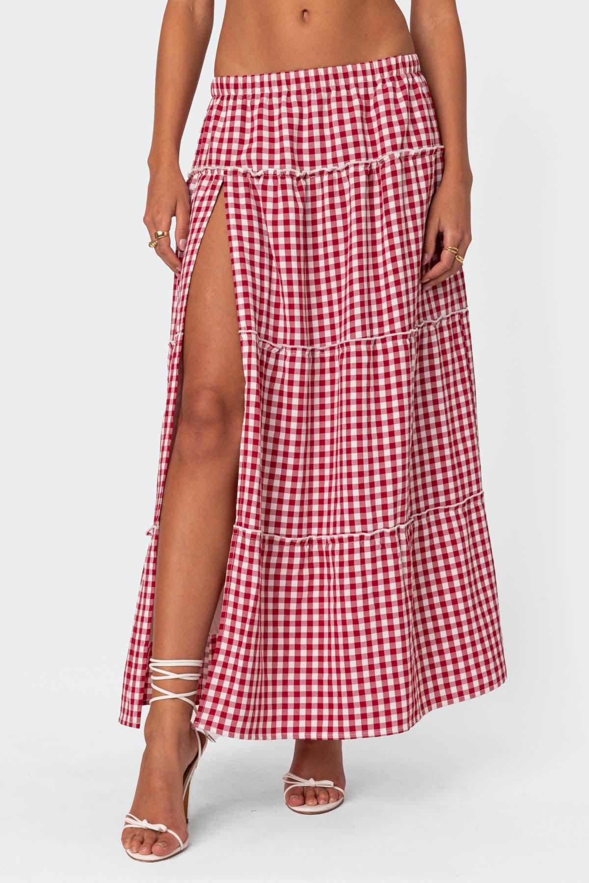 Gingham Side Slit Tiered Maxi Skirt Product Image