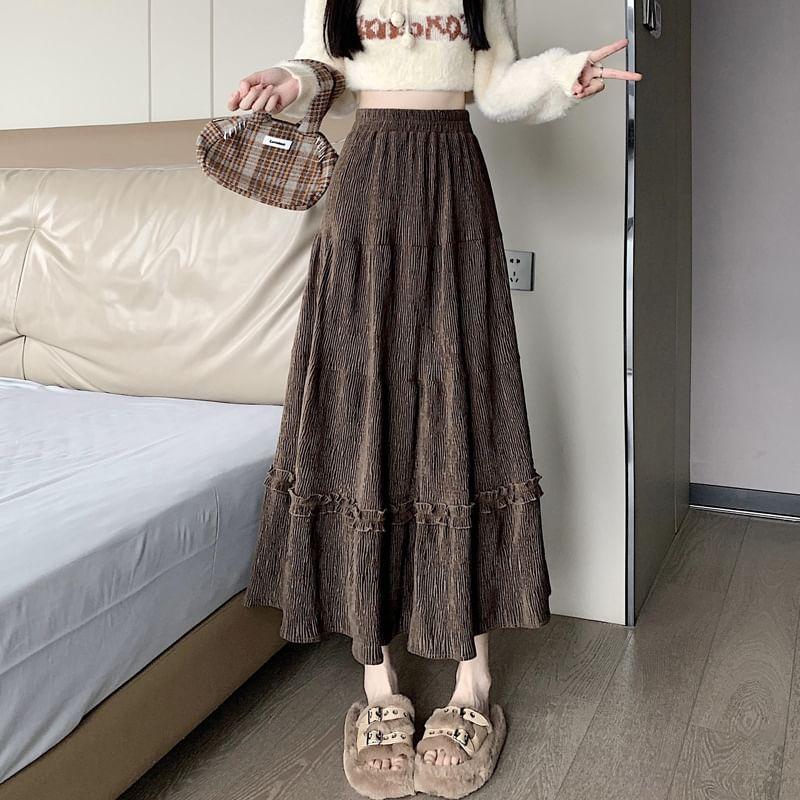 High Waist Plain Ruffle Maxi A-Line Skirt Product Image