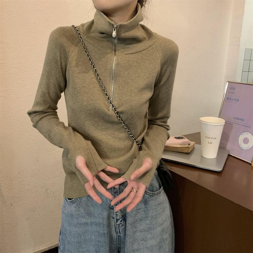 Long-Sleeve Stand Collar Plain Half-Zip Slim Fit Knit Top Product Image