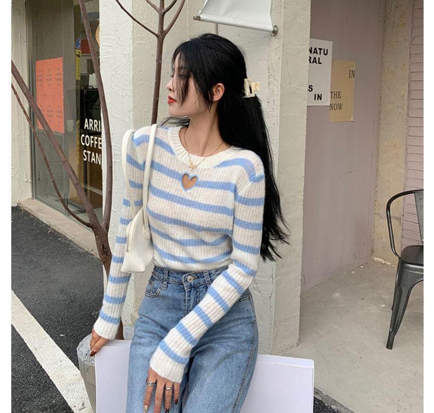 Crew Neck Striped Heart Cutout Sweater Product Image