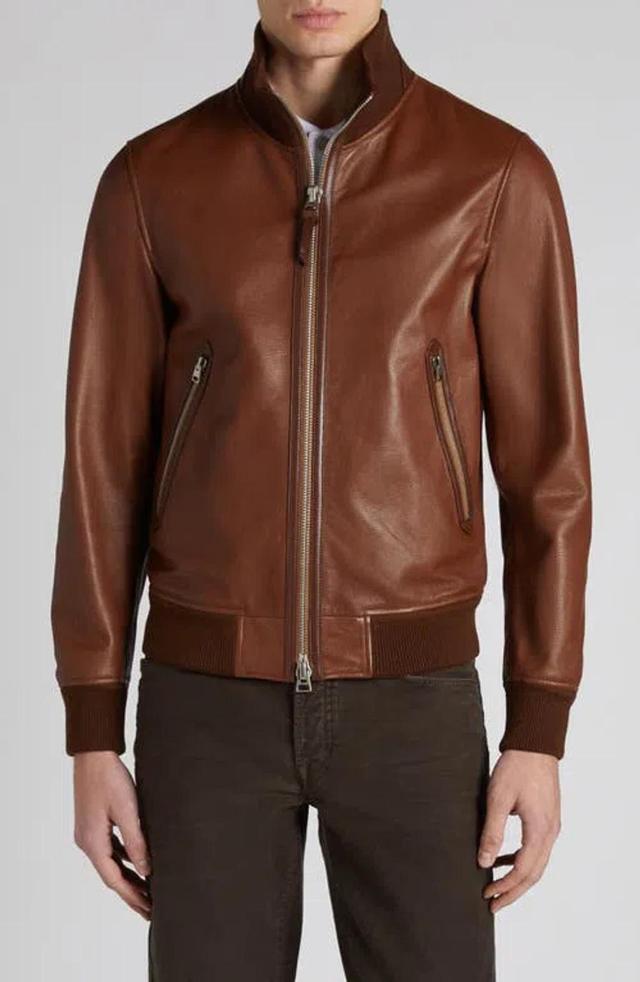 TOM FORD Tumbled Leather Track Bomber Jacket In Kb292 Tan Product Image