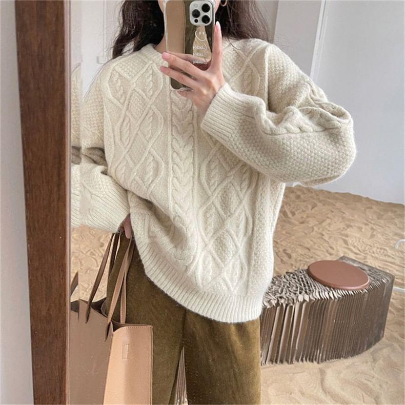 Crew Neck Plain Cable Knit Sweater Product Image