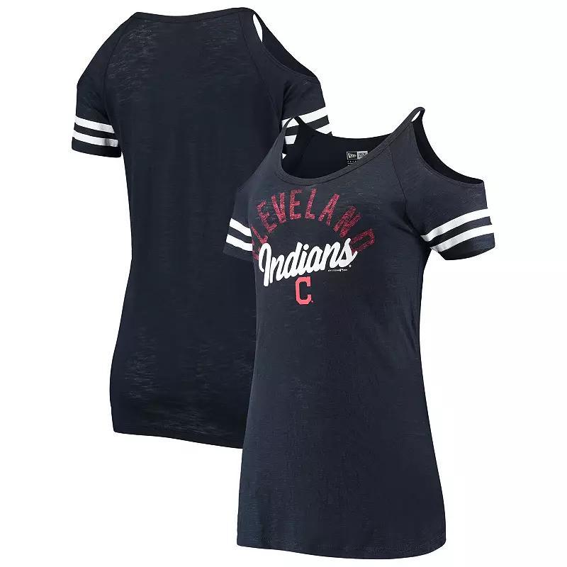 Womens New Era Cleveland Indians Slub Jersey Cold Shoulder T-Shirt Blue Product Image