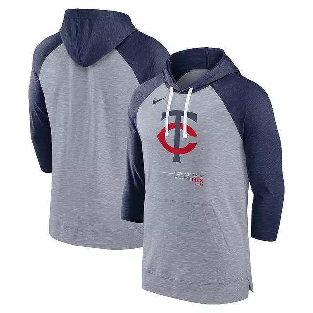 Mens Nike Heather Gray/Heather Navy Minnesota Twins Baseball Raglan 3/4-Sleeve Pullover Hoodie Product Image