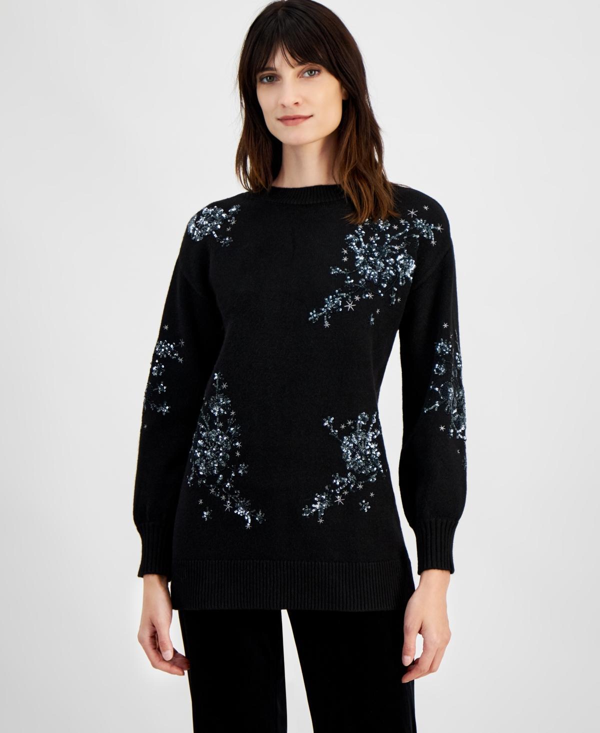 Anne Klein Womens Floral Sequin Tunic Sweater Product Image