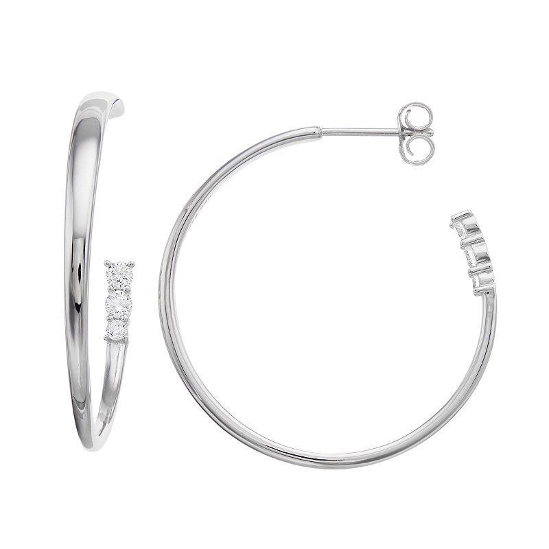 Sterling Silver Cubic Zirconia 3-Stone C-Hoop Earrings, Womens, White Product Image