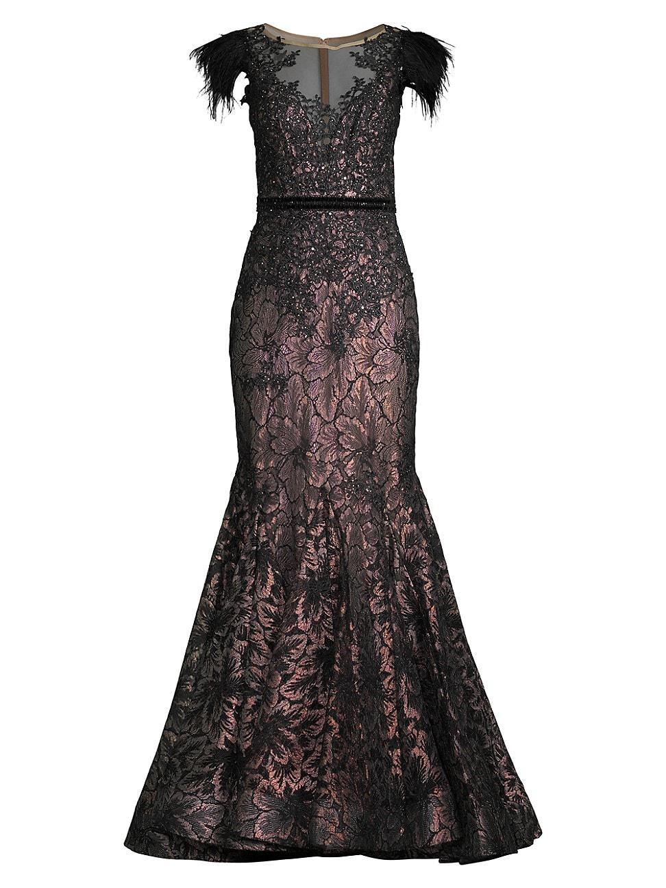 Mac Duggal Illusion Sequin Lace Feather Sleeve Mermaid Gown Product Image