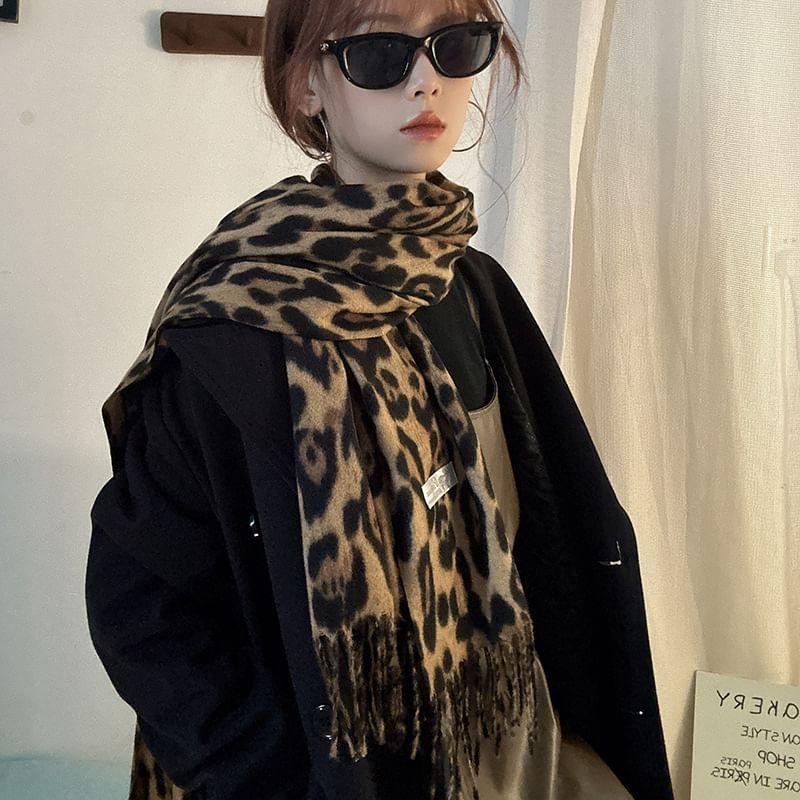 Leopard Print Fringed Scarf Product Image