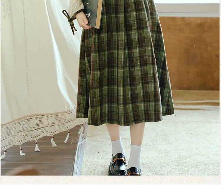 Long Sleeve Stand Collar Plaid Mock Two Piece Midi A-Line Dress Product Image