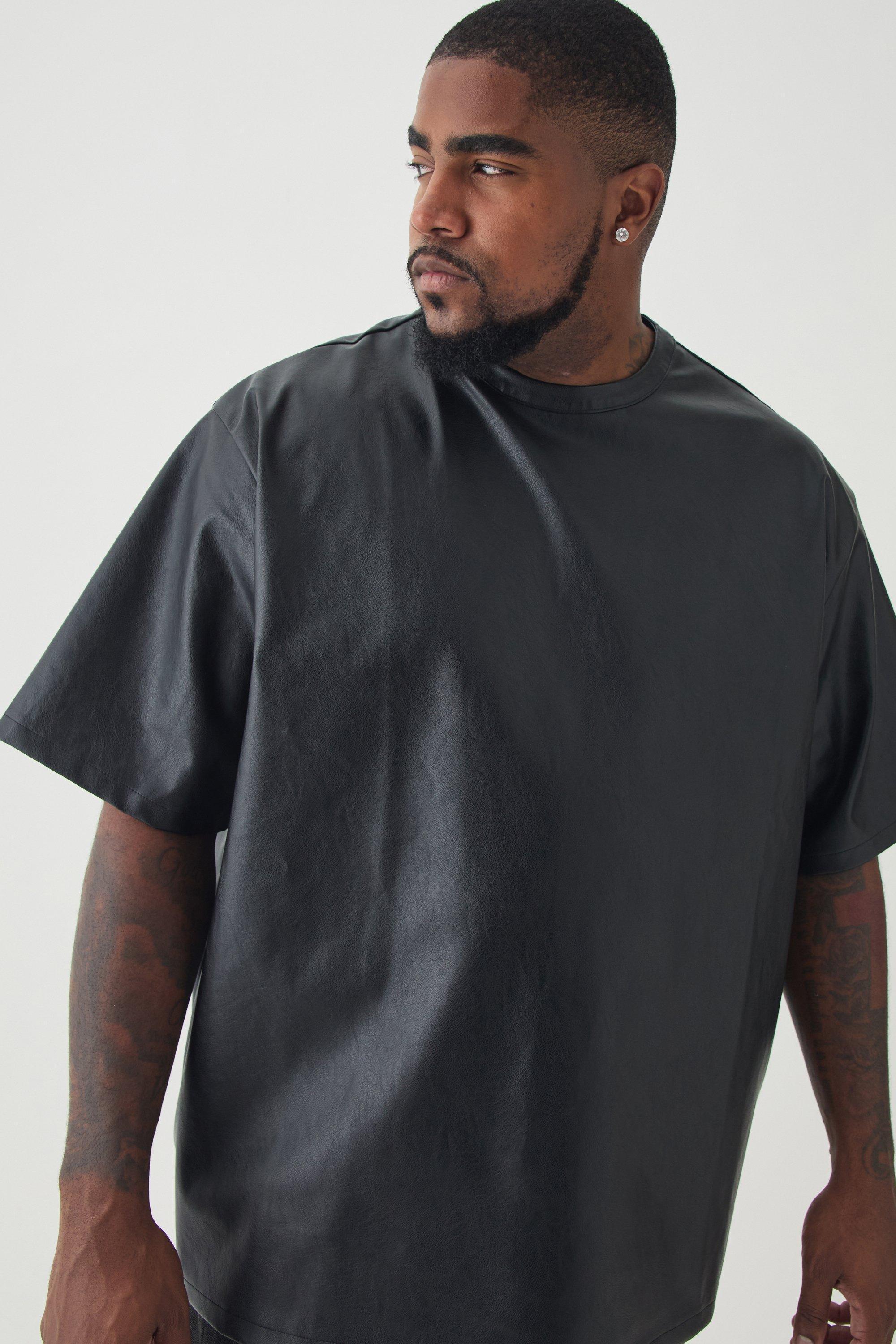 Mens Black Plus Oversized PU T-shirt, Black Product Image