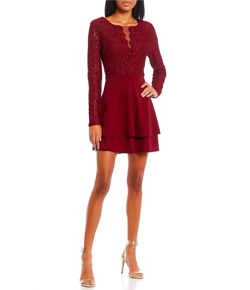 City Vibe Long Sleeve Fit-And-Flare Double Hem Lace Bodice Dress Product Image