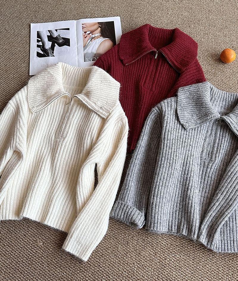 Plain Half Zip Ribbed Sweater Product Image