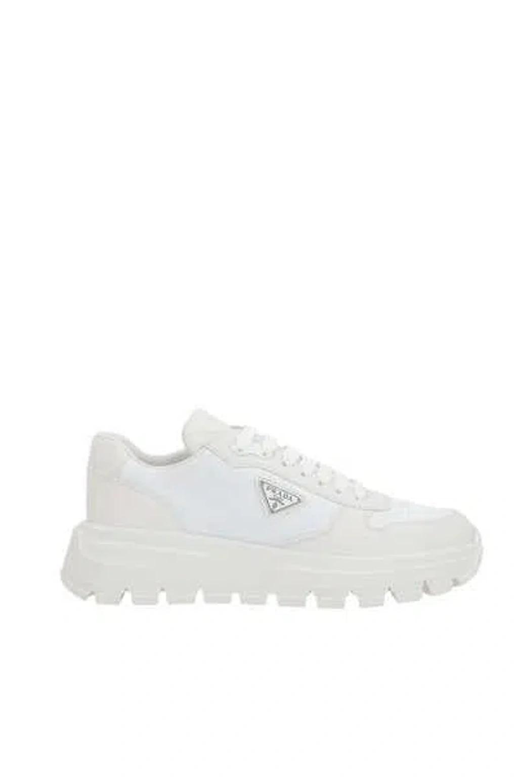 PRADA White Leather And Nylon Sneakers Product Image