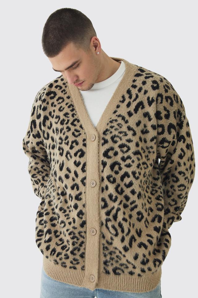 Tall Brushed Knit Leopard Print Oversized Cardigan | boohooMAN USA Product Image