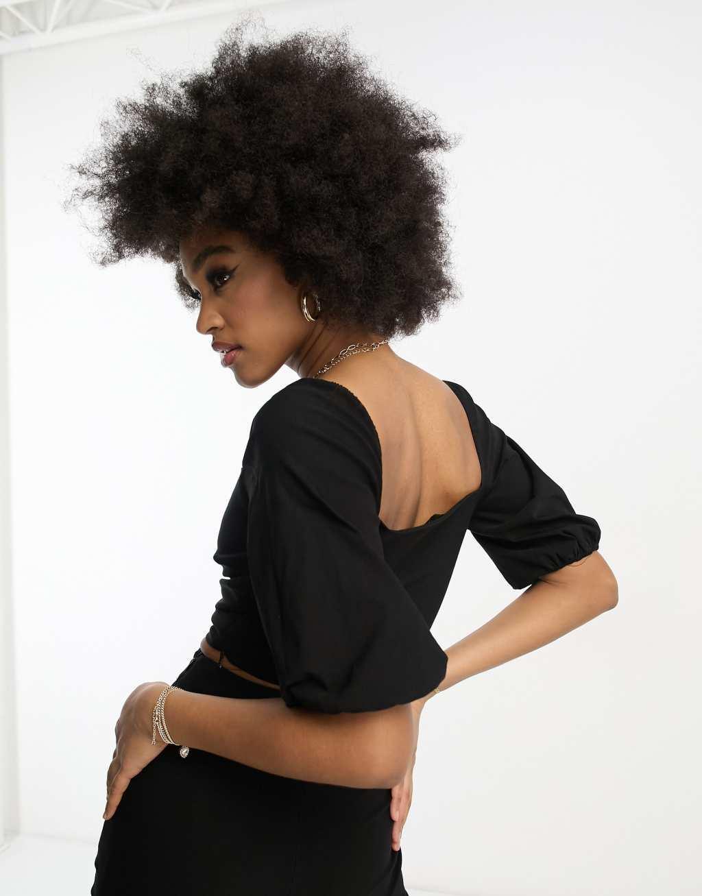 Vesper Tall puff sleeve crop top in black - part of a set Product Image