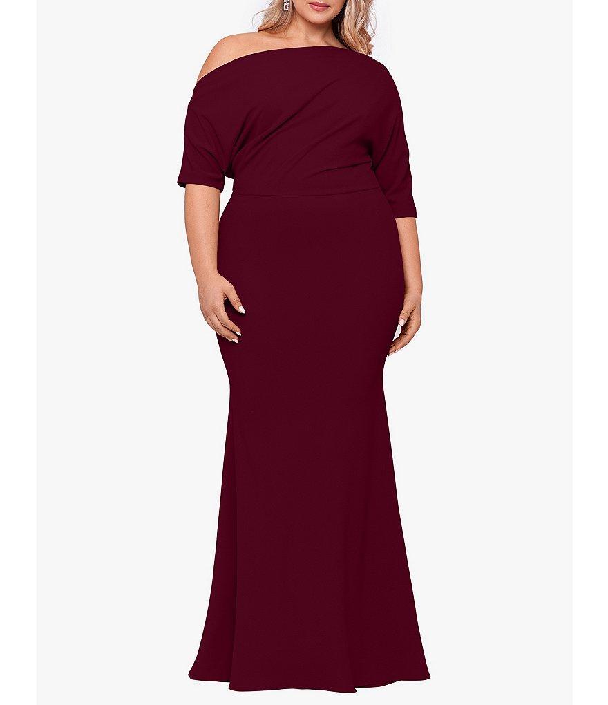 Betsy & Adam Plus Size Asymmetrical Off-the-Shoulder Scuba Crepe Dress Product Image