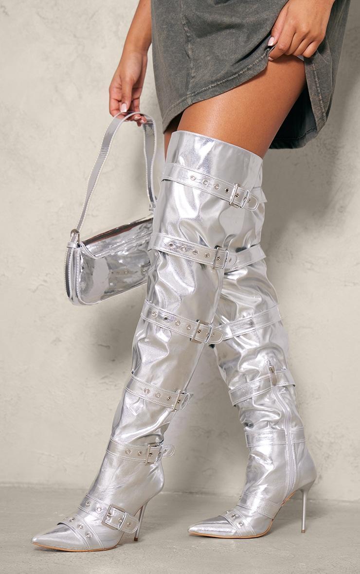 Silver Pu Point Toe Buckled Over The Knee Heeled Boots Product Image