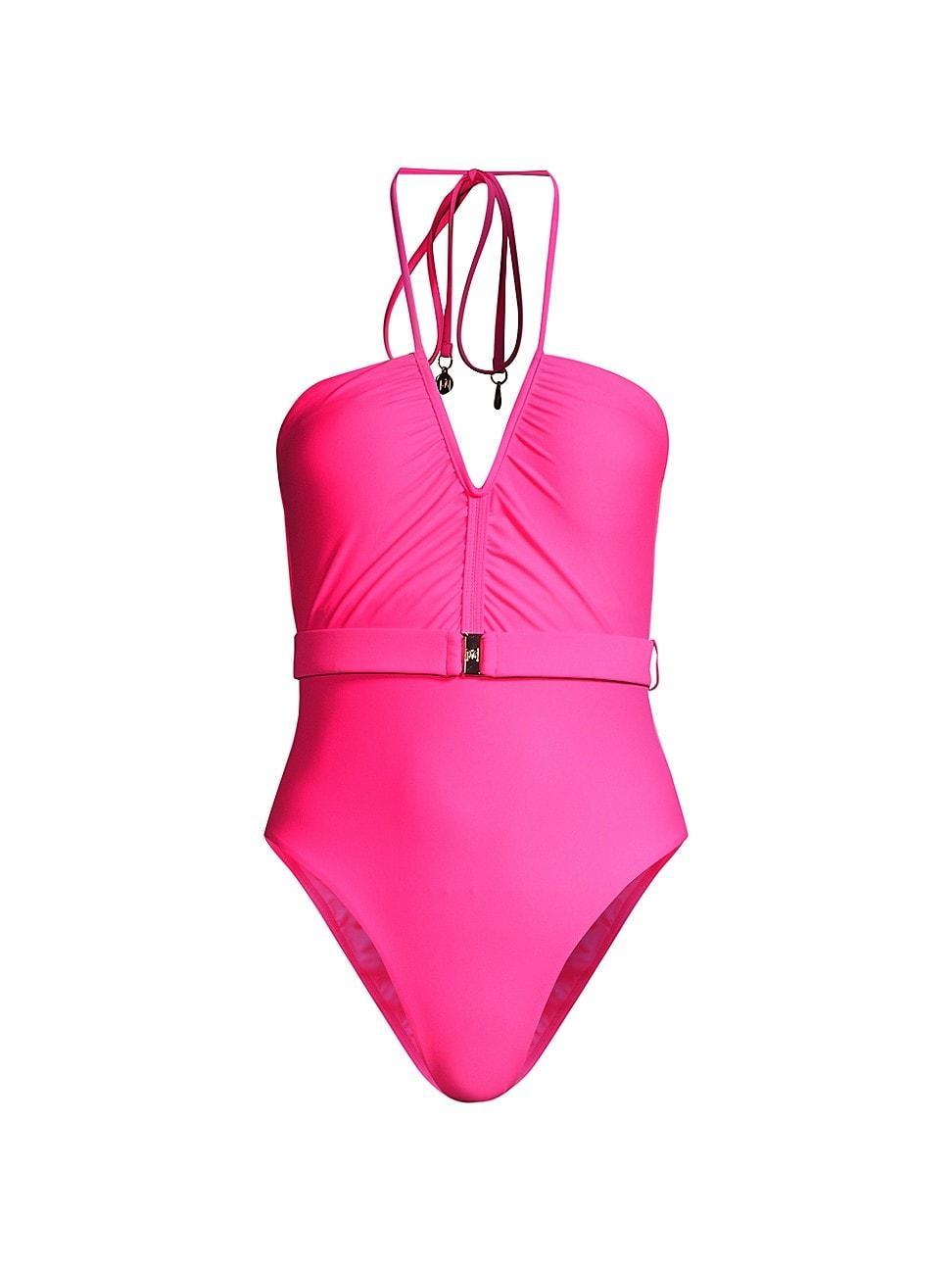 Womens Belted Halter One-Piece Swimsuit Product Image