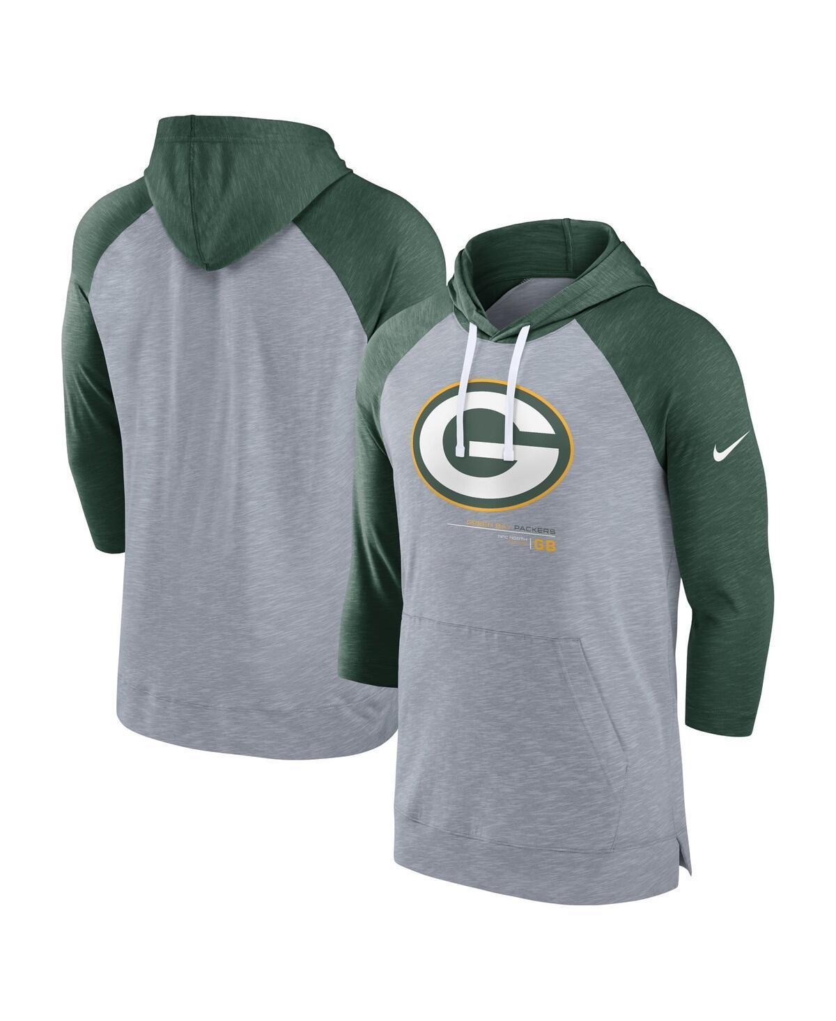 Mens Nike Heather Gray/Heather Green Green Bay Packers Raglan 3/4-Sleeve Pullover Hoodie Product Image