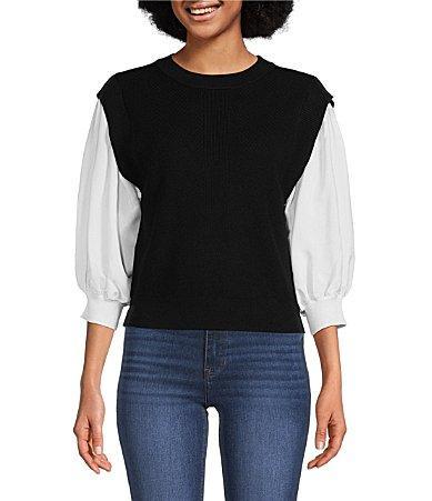 DKNY Womens Long Sleeve Mix Media Crew Neck Sweater Product Image