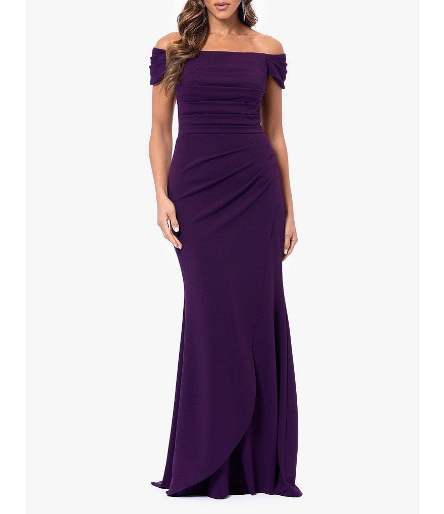 Xscape Scuba Crepe Off The Shoulder Neck Cap Sleeve Pleated Bodice Wrap Gown Product Image