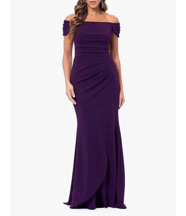 Xscape Scuba Crepe Off The Shoulder Neck Cap Sleeve Pleated Bodice Wrap Gown Product Image