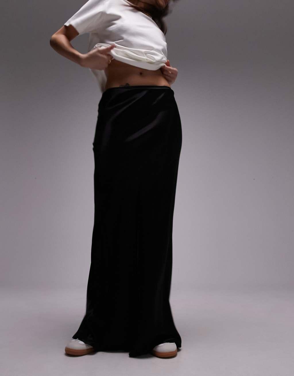 Topshop satin bias maxi skirt in black Product Image