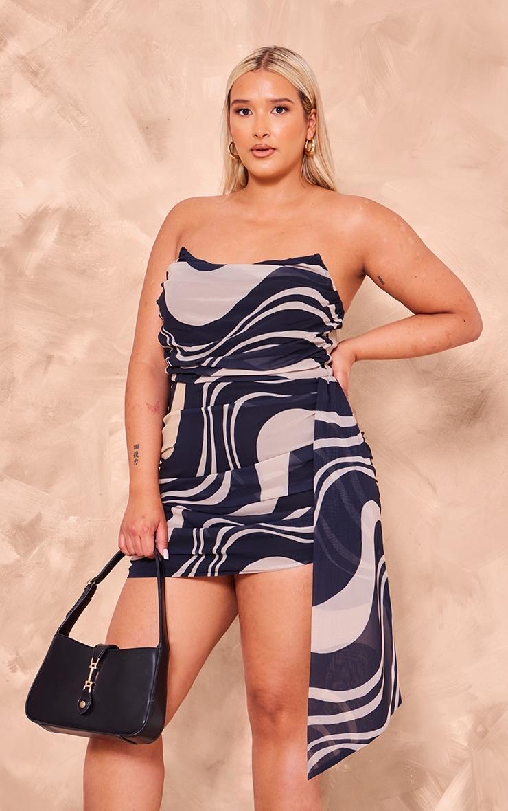 Plus Black Swirl Print Draped Chiffon Bandeau Bodycon Dress Product Image