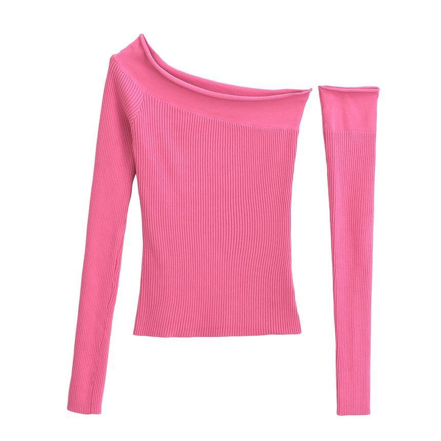 Long-Sleeve Asymmetrical Neck Off-Shoulder Plain Ribbed Knit Top Product Image