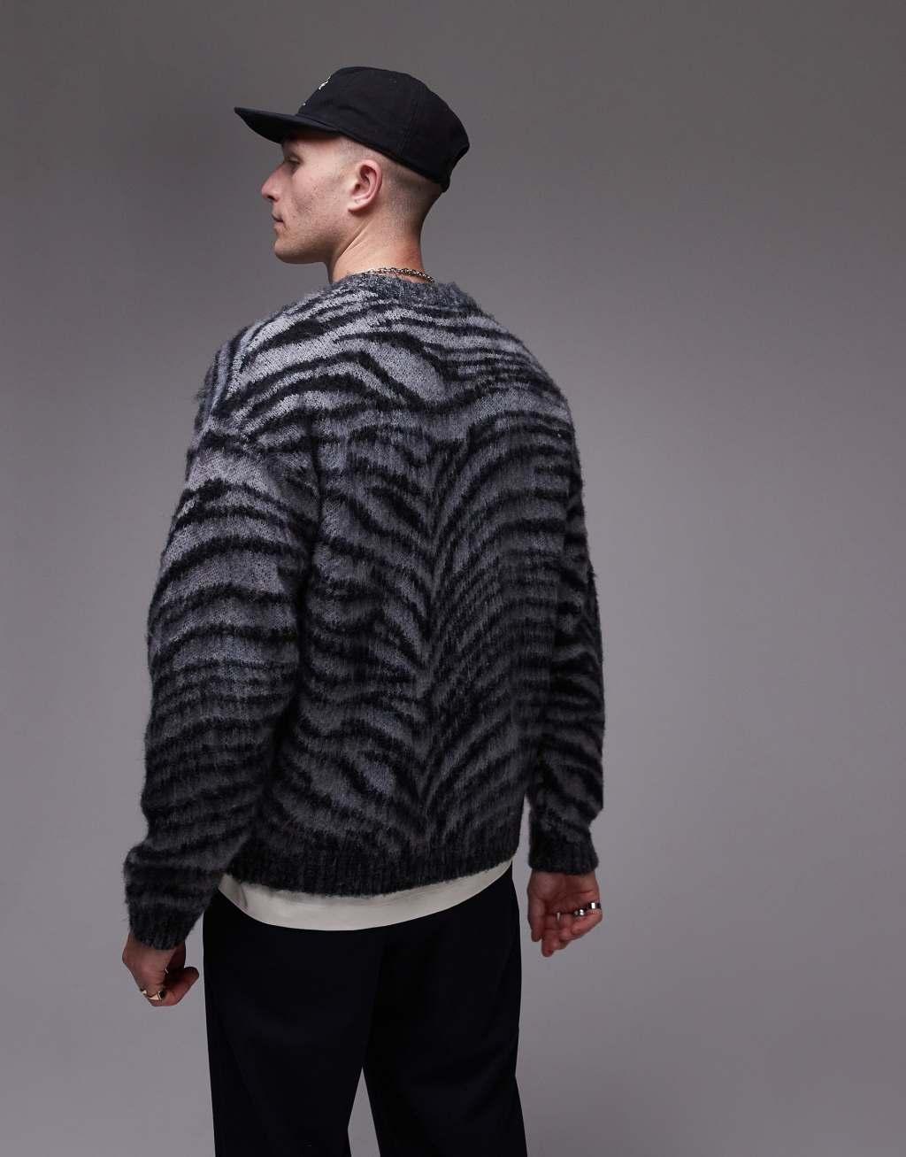 Topman relaxed fit crew neck sweater in black & white animal print Product Image