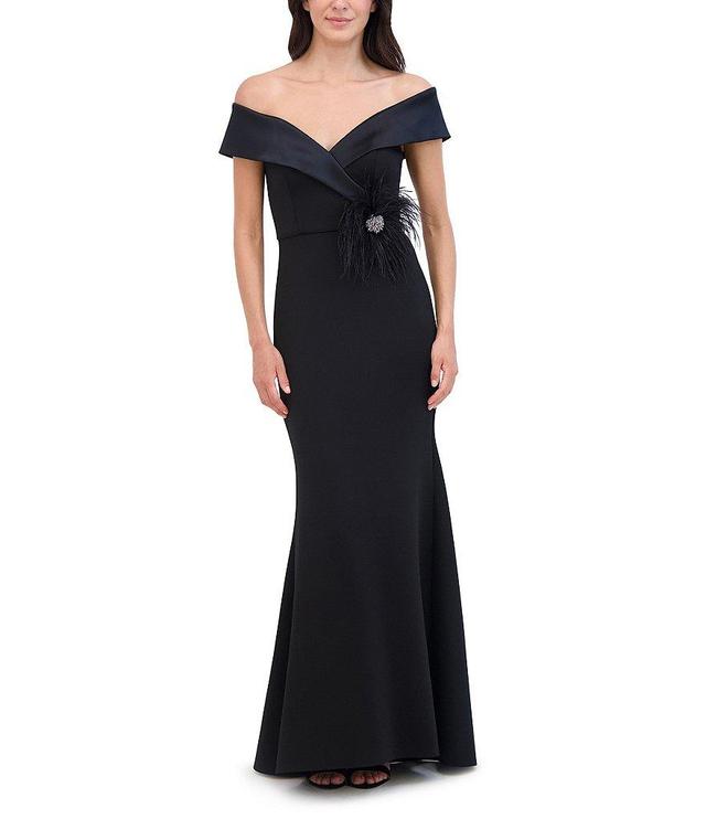 Eliza J Scuba Off The Shoulder Drape Sleeve Feather Applique Gown Product Image