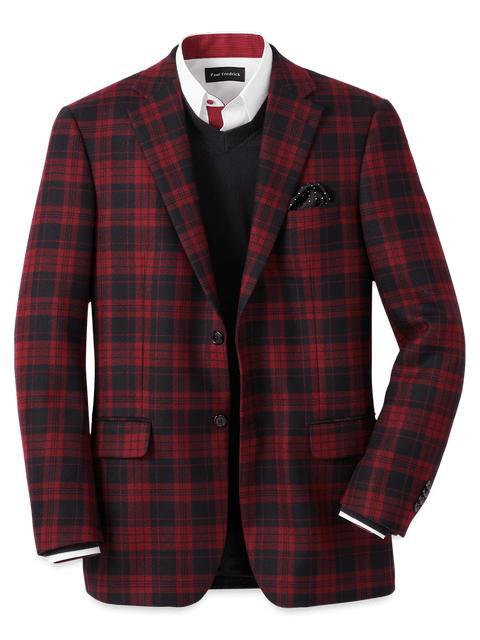 Wool Plaid Single Breasted Notch Lapel Sport Coat - Black/red Product Image