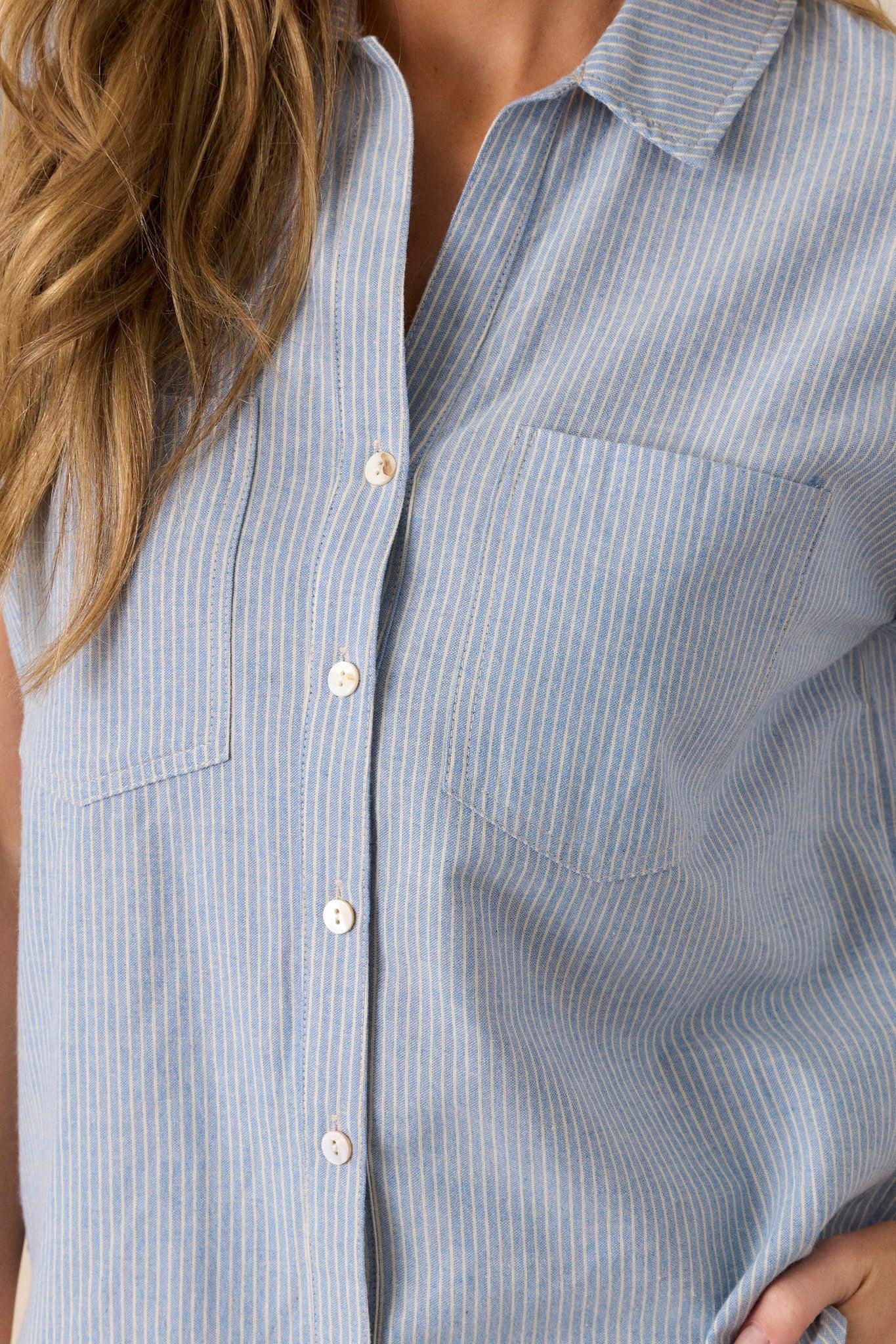 Know The One Light Blue Striped Button Front Top Product Image