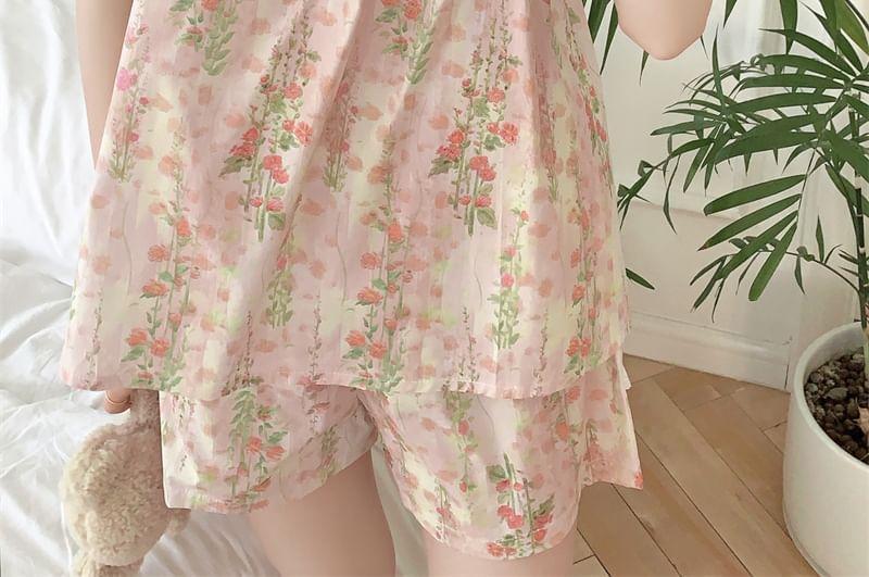 Spaghetti Strap Square Neck Floral Print Bow Accent Midi Pajama Dress / Camisole Top / Shorts / Set Product Image