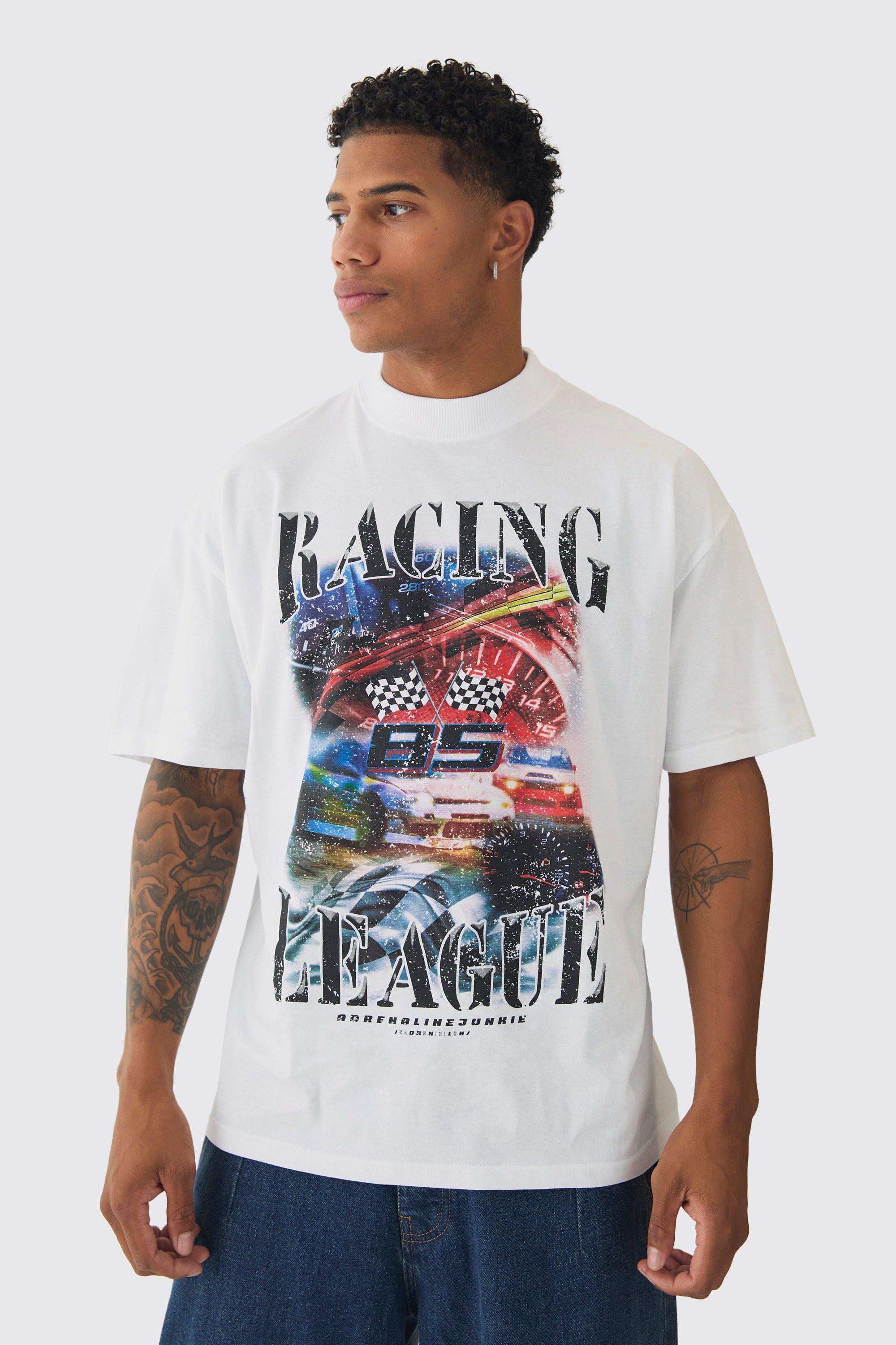 Oversized Extended Neck Racing Print T-Shirt | boohooMAN USA Product Image