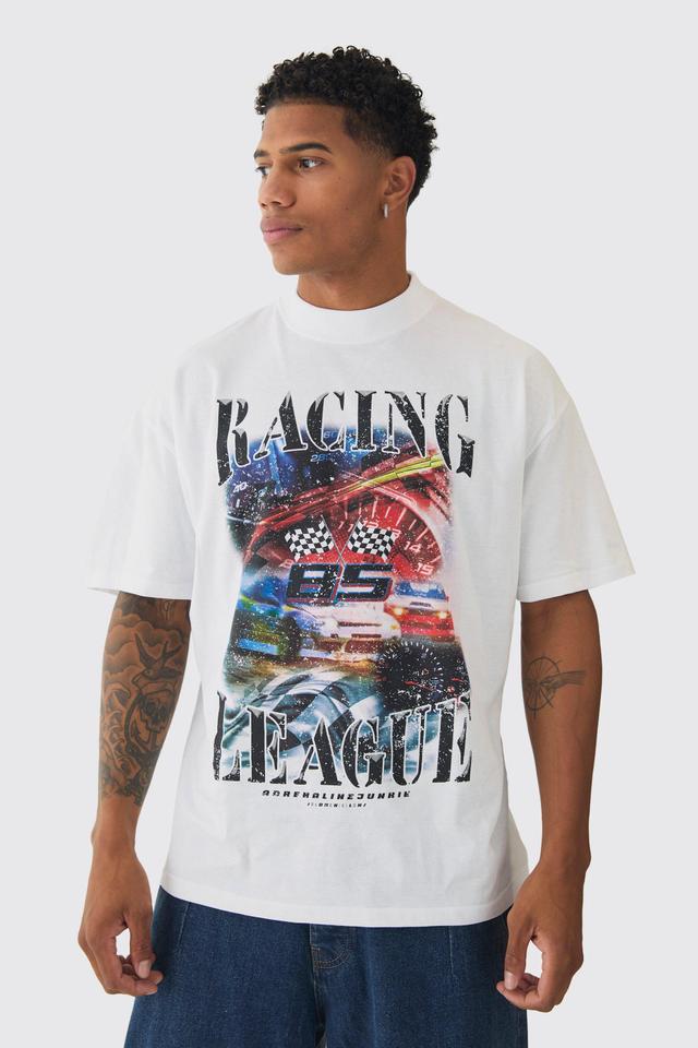 Oversized Extended Neck Racing Print T-Shirt | boohooMAN USA Product Image