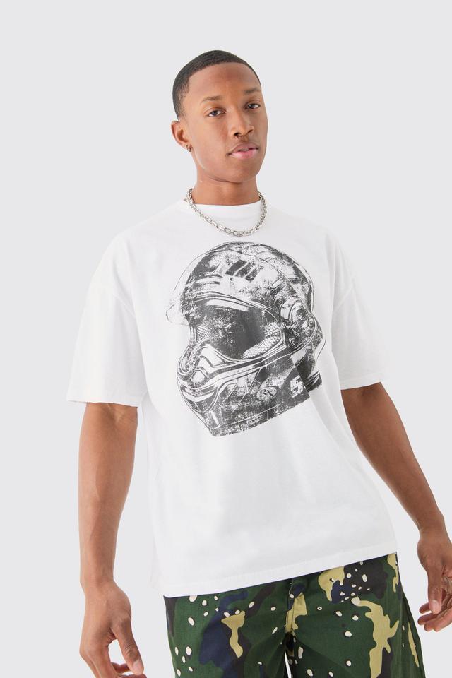 Mens White Oversized Moto Helmet Printed T-shirt, White Product Image