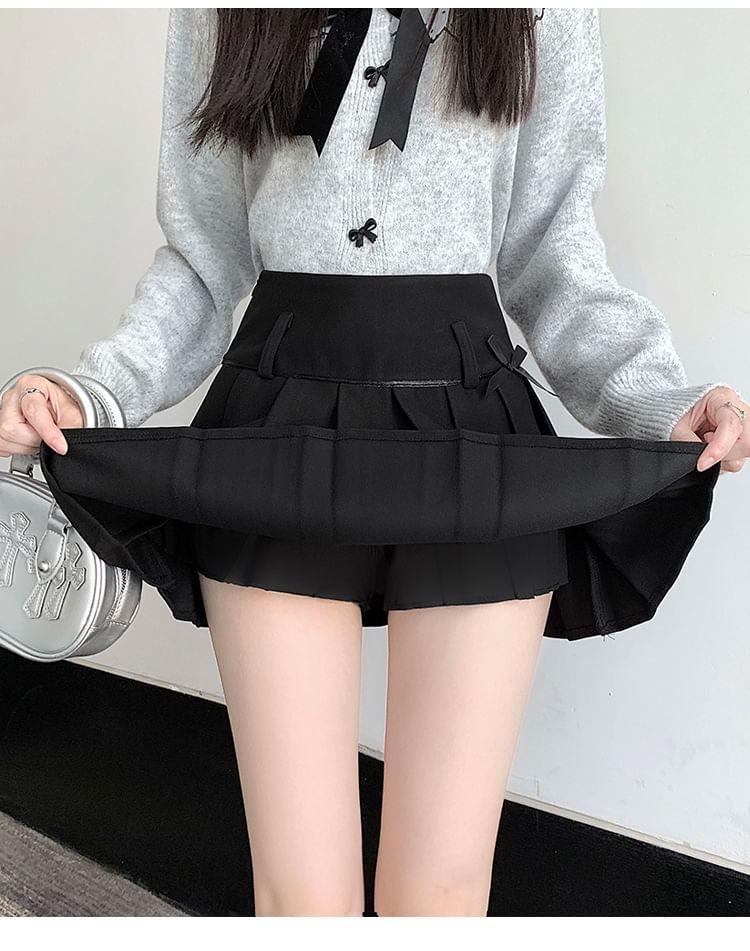 High Rise Bow Pleated Mini A-Line Skirt Product Image