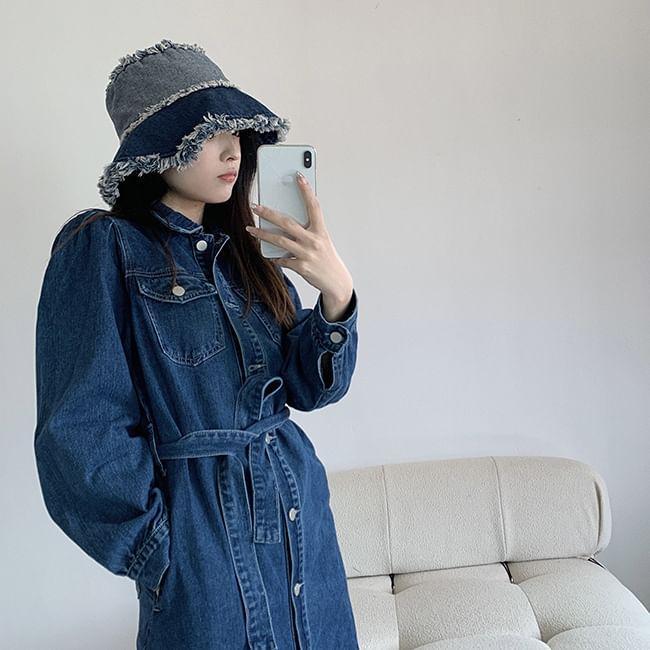 Distressed Washed Denim Bucket Hat Product Image