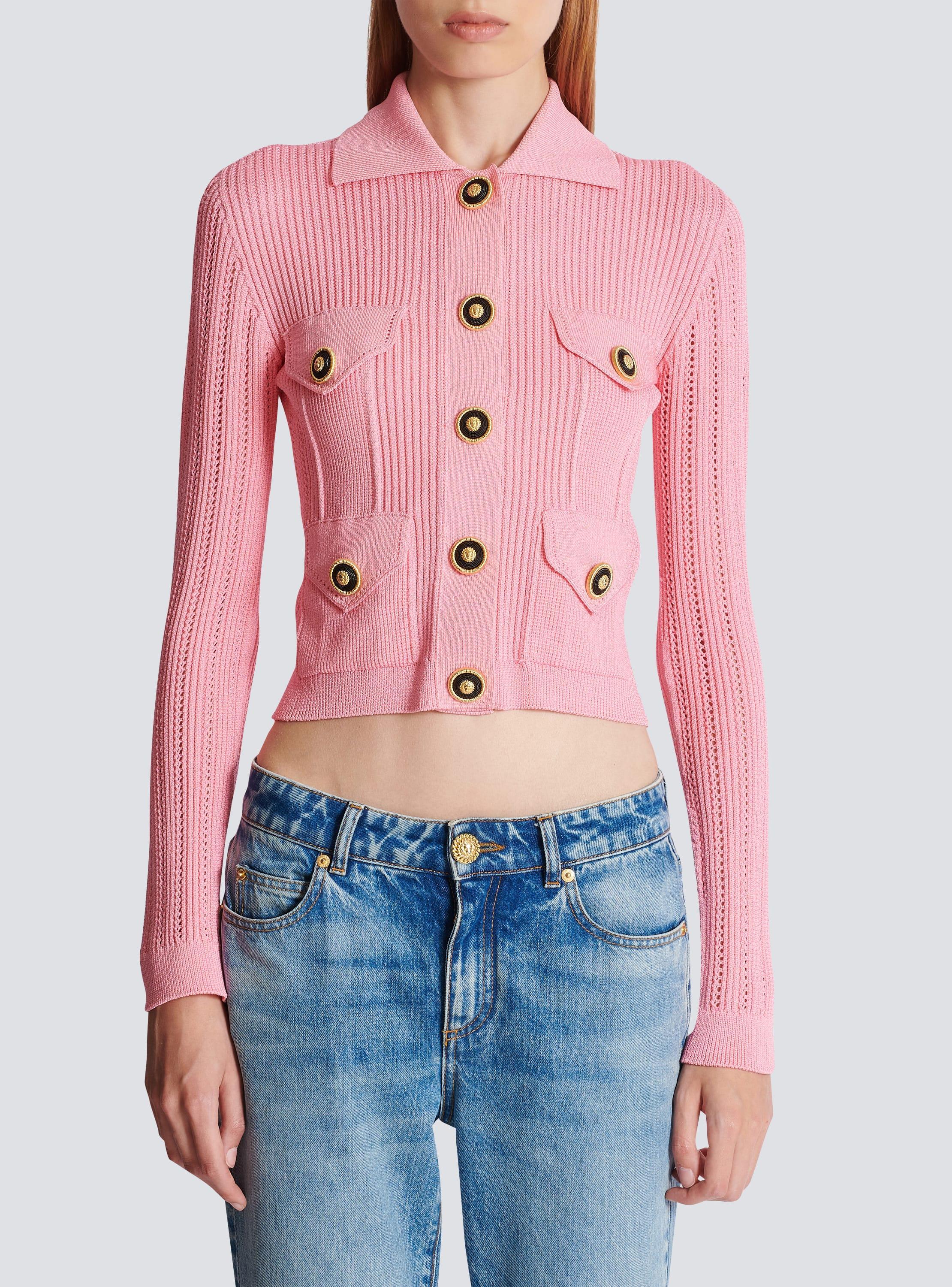 Cropped ribbed knit cardigan with openwork details Product Image