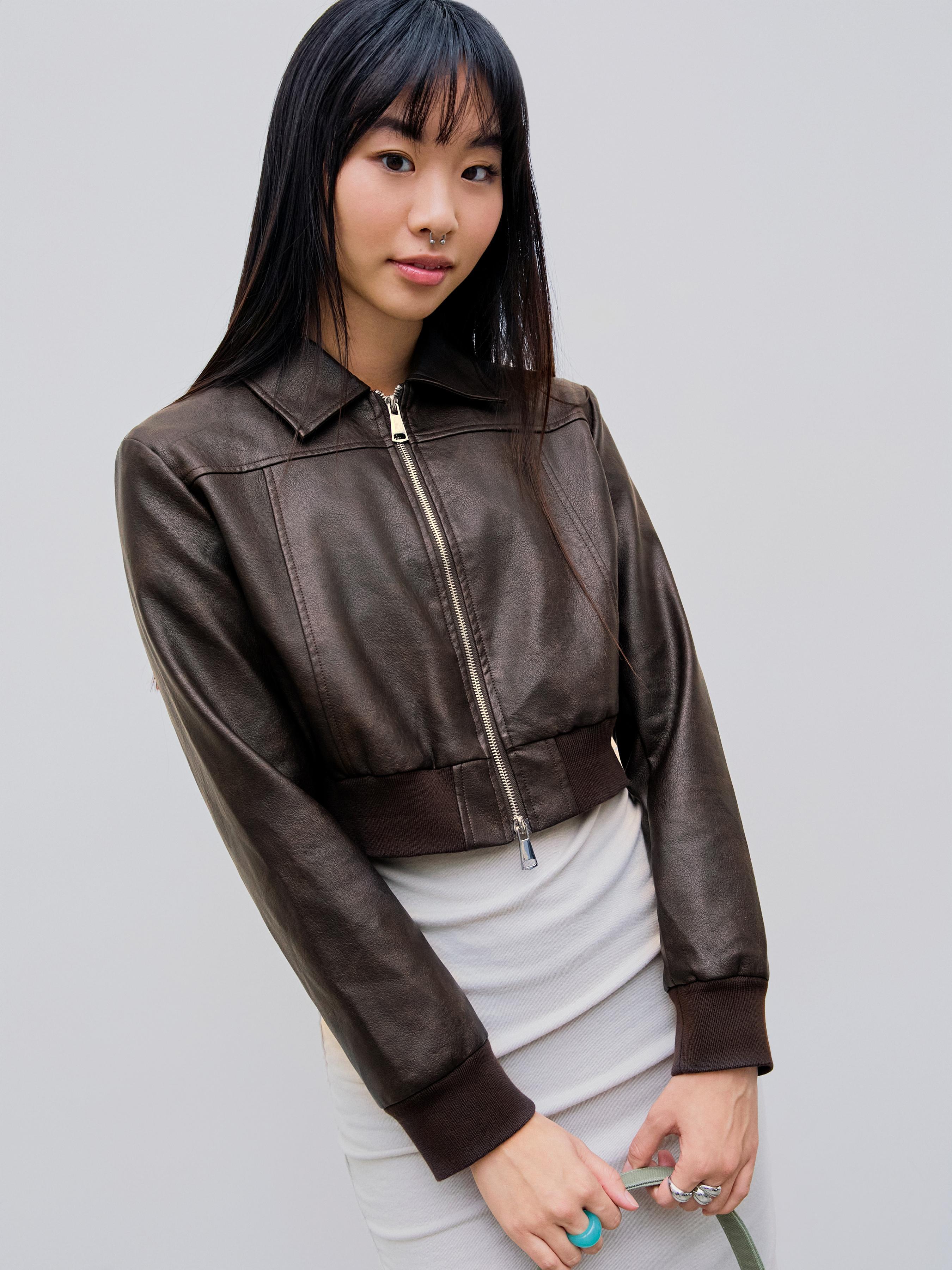 Faux Leather Collar Solid Zipper Biker Crop Jacket Product Image